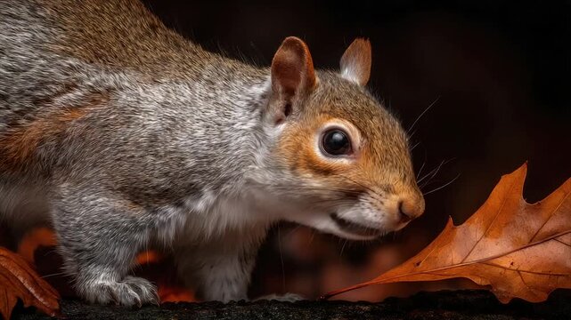 Close-up of a squirrel near a leaf; brown, gray fur; eye detail; black background