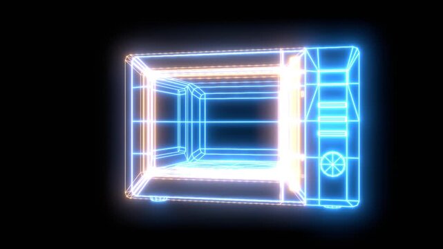 Futuristic kitchen appliances rendered as interconnected glowing wireframes against a dark backdrop. A modern microwave oven kitchen appliance for quick meal preparation and home cooking.