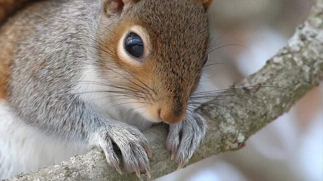 Close-up of a squirrel resting on a branch, showing detailed fur and expressive eyes