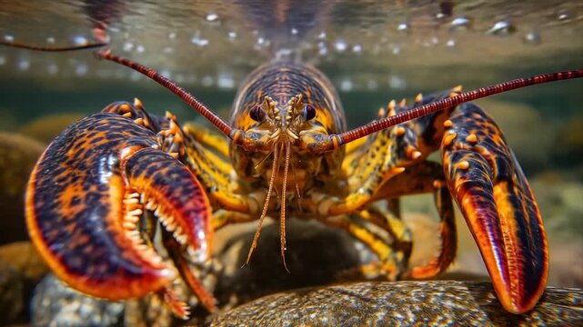 Close-up underwater image of a lobster, displaying claws, antennae, & detailed orange/black pattern