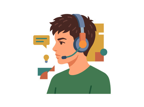 Student with headset icon for virtual lesson online education tutoring language practice webinar remote training listening support communication learning study concept clean digital lesson symbol