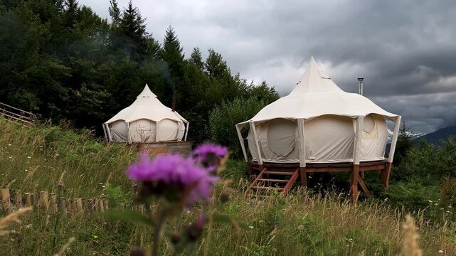 Blur purple color spring campsite background in scenic landscape of serene hiking adventure and camping travel jacuzzi luxury authentic ecoresort mountain canvas tent bell deck Caucasian culture yurt