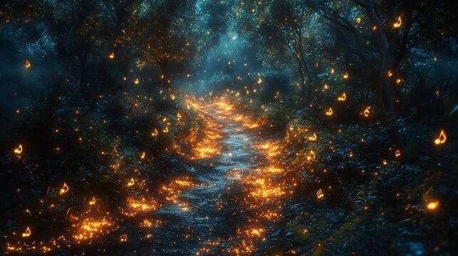 Glowing path in a dark forest