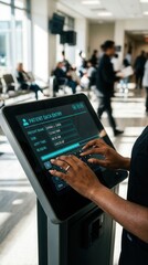 Obraz premium Modern Patient Data Entry Kiosk Interaction In Busy Hospital Hallway