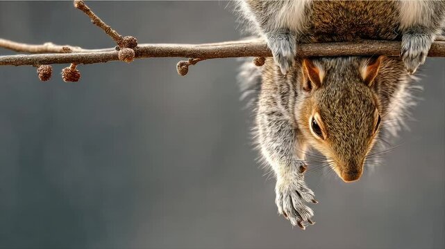 A squirrel hangs upside down from a branch, its gaze focused, against a blurred gray backdrop
