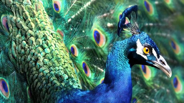A close-up of a peacock displays intricate feathers with vibrant blue, green, and gold hues