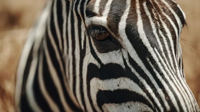 Close-up of a zebra's eye, showcasing its distinctive black and white stripes and expressive eye