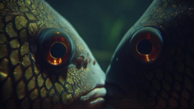 Two fish face each other closely underwater, eyes in focus, scales and details visible