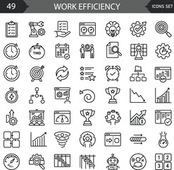 Fototapeta premium Work efficiency flat icon set featuring business productivity, workflow, time management, optimization, teamwork