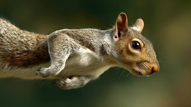 Close-up of a squirrel in mid-air, fur detailed with brown, gray, and white tones