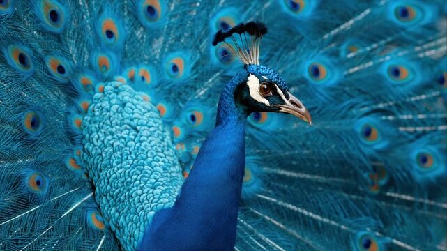 Close-up of a vibrant peacock displaying its iridescent blue and turquoise feathers