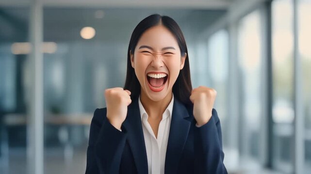 若い女性会社員が両腕を伸ばし笑顔で勝利を表す現代的なオフィスの祝賀場面