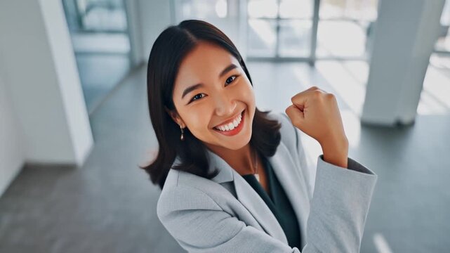 若い女性会社員が片腕を曲げて自信ある笑顔を見せる明るいオフィスの応援場面