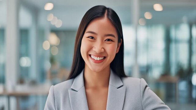 若い女性会社員が腕を曲げて遊び心のある笑顔を見せる現代的なオフィス場面