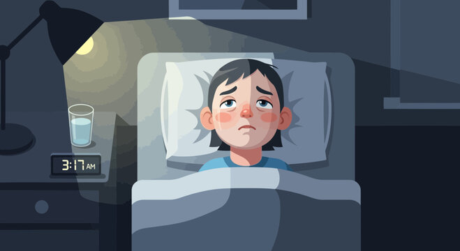 Sad Child In Bed, Awake At Night, Suffering From Insomnia And Restlessness