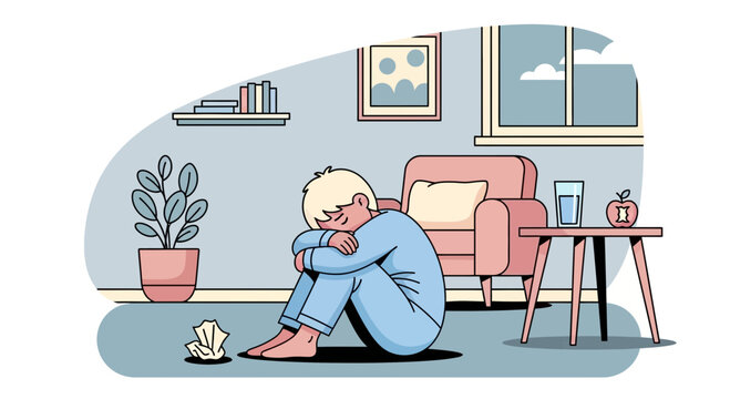 Sad And Defeated Person Embracing Knees In Modern Illustration Cozy Home Setting