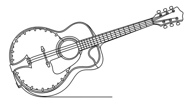 Acoustic guitar line art illustration on white background.