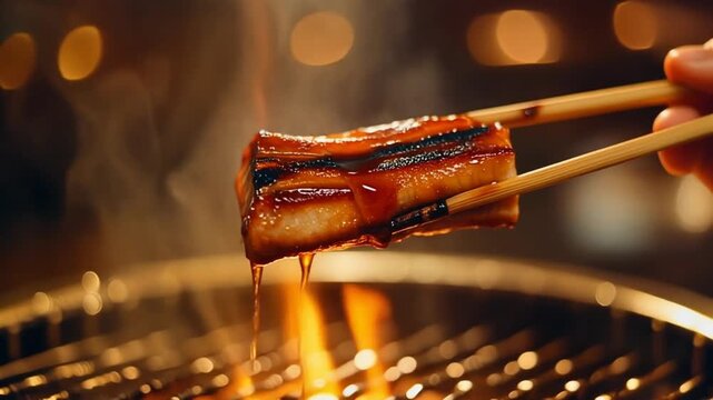 焼き網の上で箸に挟まれた鰻が艶やかに輝き湯気を放つ和食料理の場面