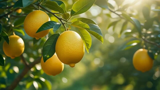 太陽に照らされた緑の枝葉に熟した黄金色の柑橘が鮮やかに実る果樹園の様子