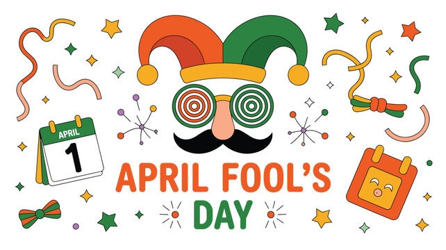 Colorful april fools day celebration concept with jester hat funny mask calendar and festive confetti on white background.