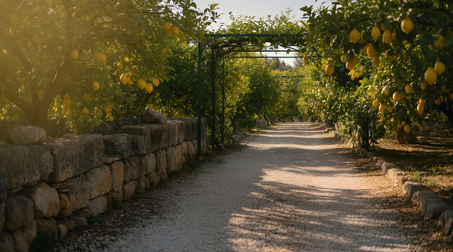 Path through lush Italian lemon grove