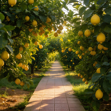 Path through lush Italian lemon grove