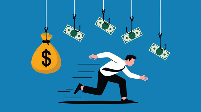 Greedy businessman running towards a large money bag while small bills hang from fish hooks in a blue background scene.