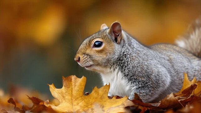 A gray squirrel rests amidst fallen autumn leaves, detailed fur and curious eyes