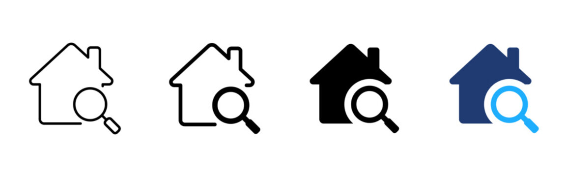 House search icon. Property magnifier symbol. Simple pictogram for home search, real estate browsing, housing inspection, rental lookup and residential property finding.