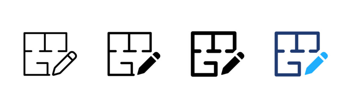 Floor plan edit icon. House blueprint pencil symbol. Simple pictogram for property planning, home layout, real estate design, renovation project and architectural drawing.