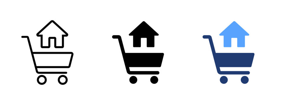 Home purchase icon. House shopping cart symbol. Simple pictogram for buying property, real estate purchase, housing market, residential sale and online home buying service.