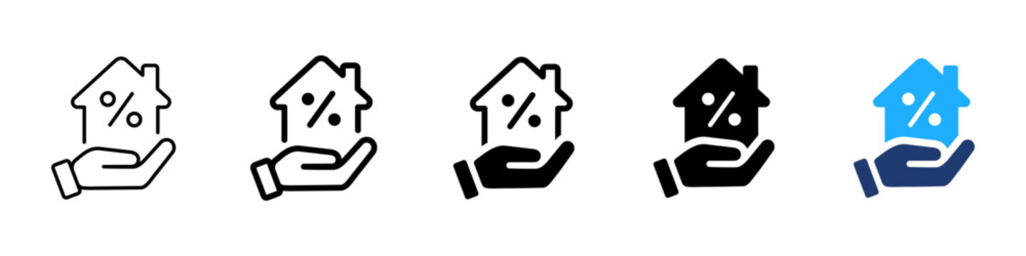 Mortgage offer icon. Hand holding house symbol. Simple pictogram for home loan, property financing, interest rate, real estate discount and residential mortgage service.
