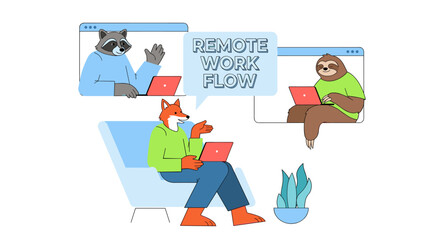 Fototapeta premium Remote work flow illustration. Animal characters office. Video call conference design.