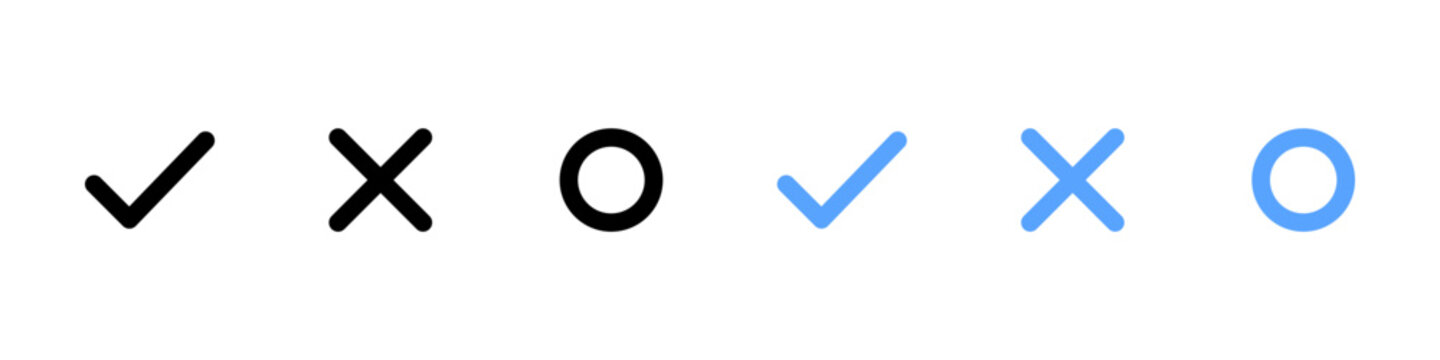 Check, cross and circle icons. Simple decision marks for approve, cancel, accept, reject, confirm, close, choice and selection design.