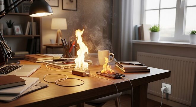 Smartphone and electrical power strip catching fire on a desk due to a battery malfunction.