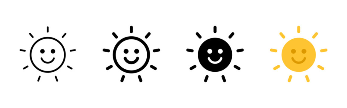 Happy sun icon. Smiling sunshine symbol. Simple pictogram for sunny weather, summer, happiness, positive mood, warmth, daylight and cheerful forecast.