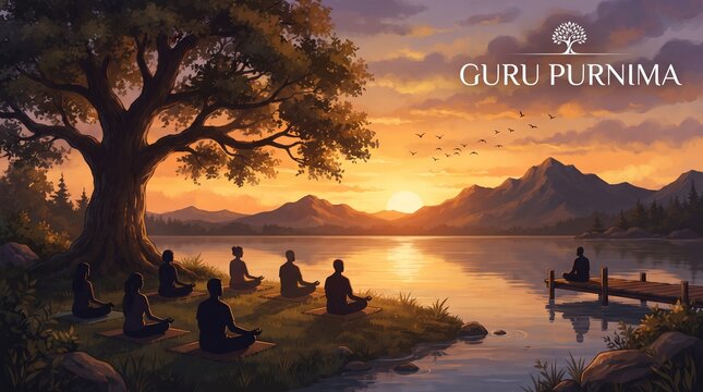 Happy Guru Purnima silhouette banner of Guru and disciples at sunset by the lake