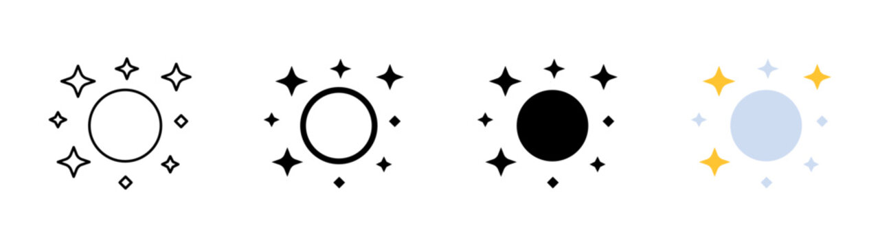 Planet with stars icon. Celestial space symbol. Simple pictogram for astronomy, galaxy, universe, cosmic night sky, astrology, planet observation and space design.