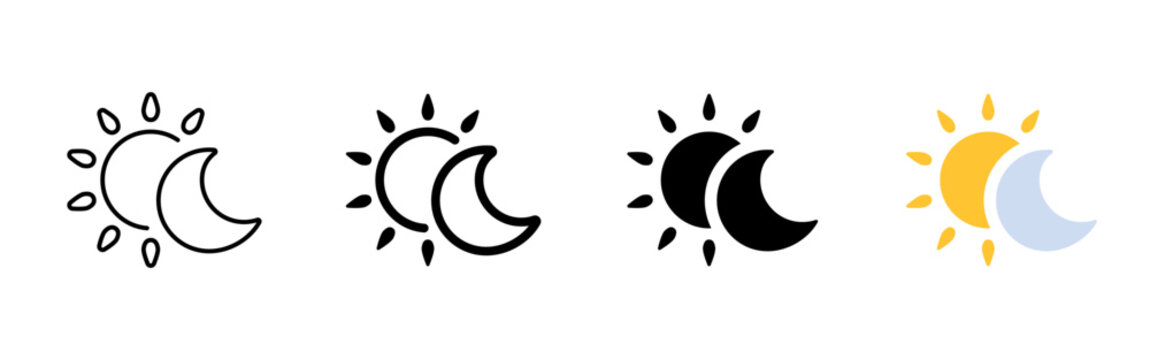 Sun and moon icon. Day and night symbol. Simple pictogram for astronomy, celestial cycle, solar and lunar phases, eclipse, sky, time change and cosmic balance.