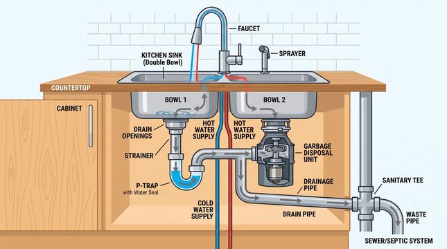Educational diagram showing the plumbing system of a kitchen sink with garbage disposal.