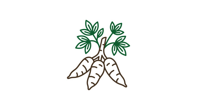A simple line art illustration of a cassava plant with roots and green leaves.