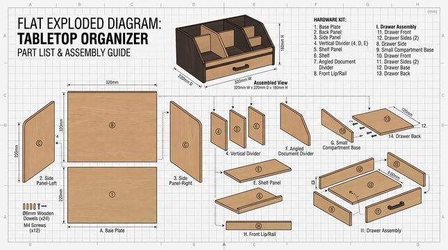 Flat exploded diagram and assembly guide for a wooden tabletop desk organizer with drawer.