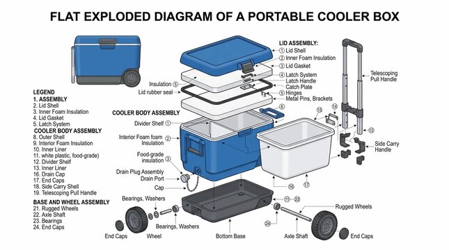 Flat exploded diagram showing components of a portable rolling cooler box.