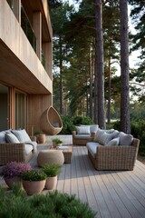 Fototapeta premium Modern wooden cabin terrace with wicker furniture and pine forest view for outdoor wallpaper and banner design