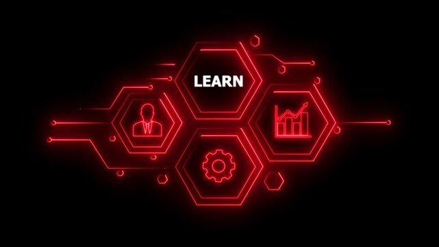 Abstract neon Hud knowledge ability business gear icon Glowing neon line concept. Glowing " LEARN " button in German on a futuristic, abstract wave technology on black background. 4K animation video.