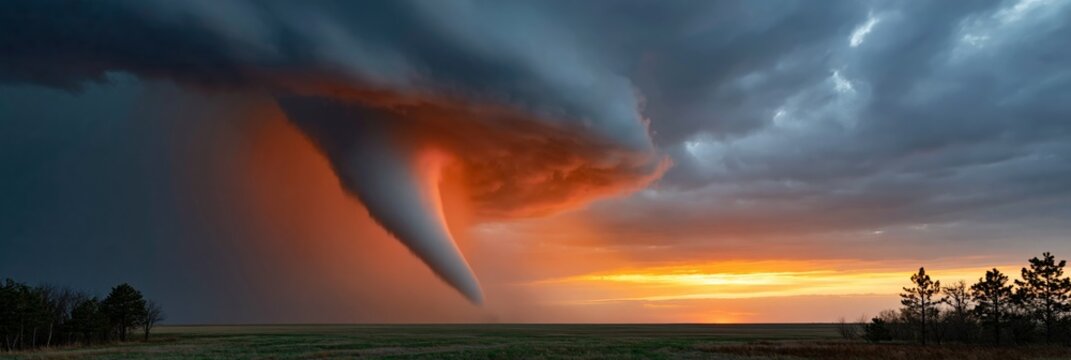 Panoramic tornado funnel and stormfront at sunset across flat plains for wide banner background and weather poster