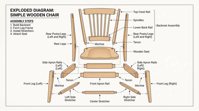 Exploded diagram showing the assembly steps and components of a simple wooden chair.
