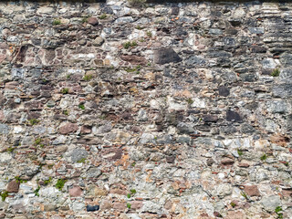 Fototapeta premium An ancient, rustic stone wall texture background showing weathered rocks and small green plants growing in crevices. Nobody. Evokes feelings of history, strength, and timeless endurance.