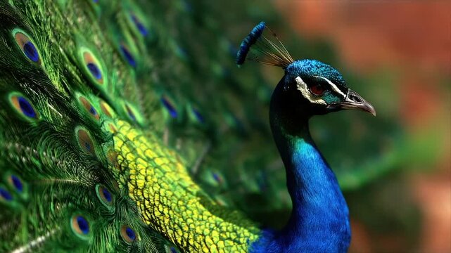 Majestic peacock with vibrant blue, green, and yellow plumage and ornate features