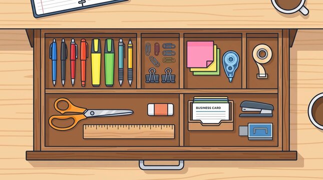 Top view of an open wooden desk drawer filled with organized office supplies and stationery.